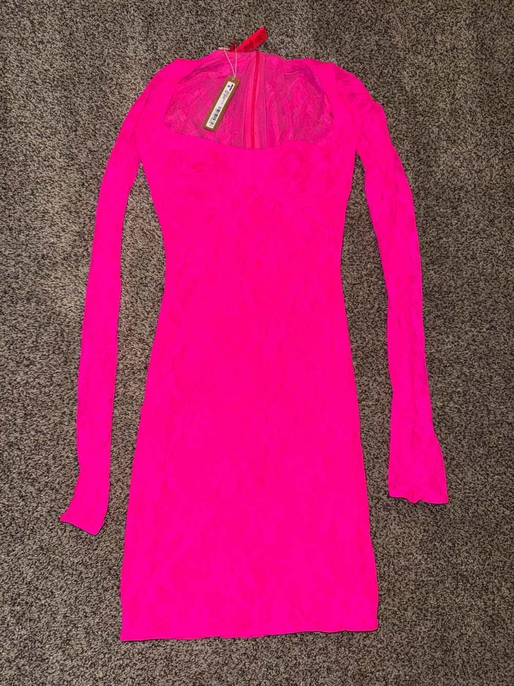 SKIMS Stretch Lace Underwire Long Sleeve Mini Dress in Neon Pink